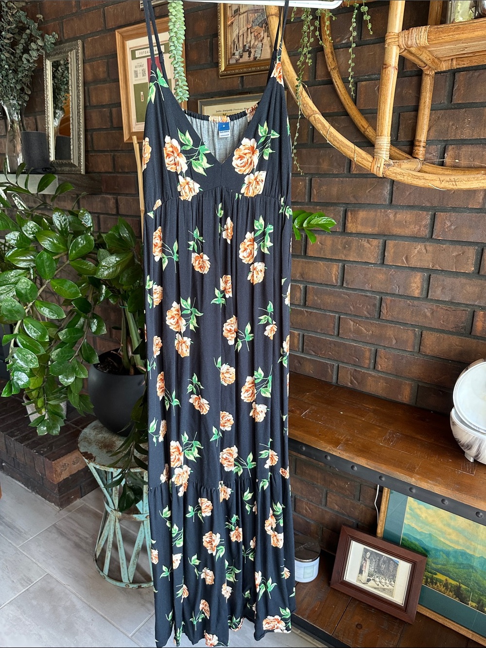 Old Navy Black Maxi Dress with Peach Floral Print
